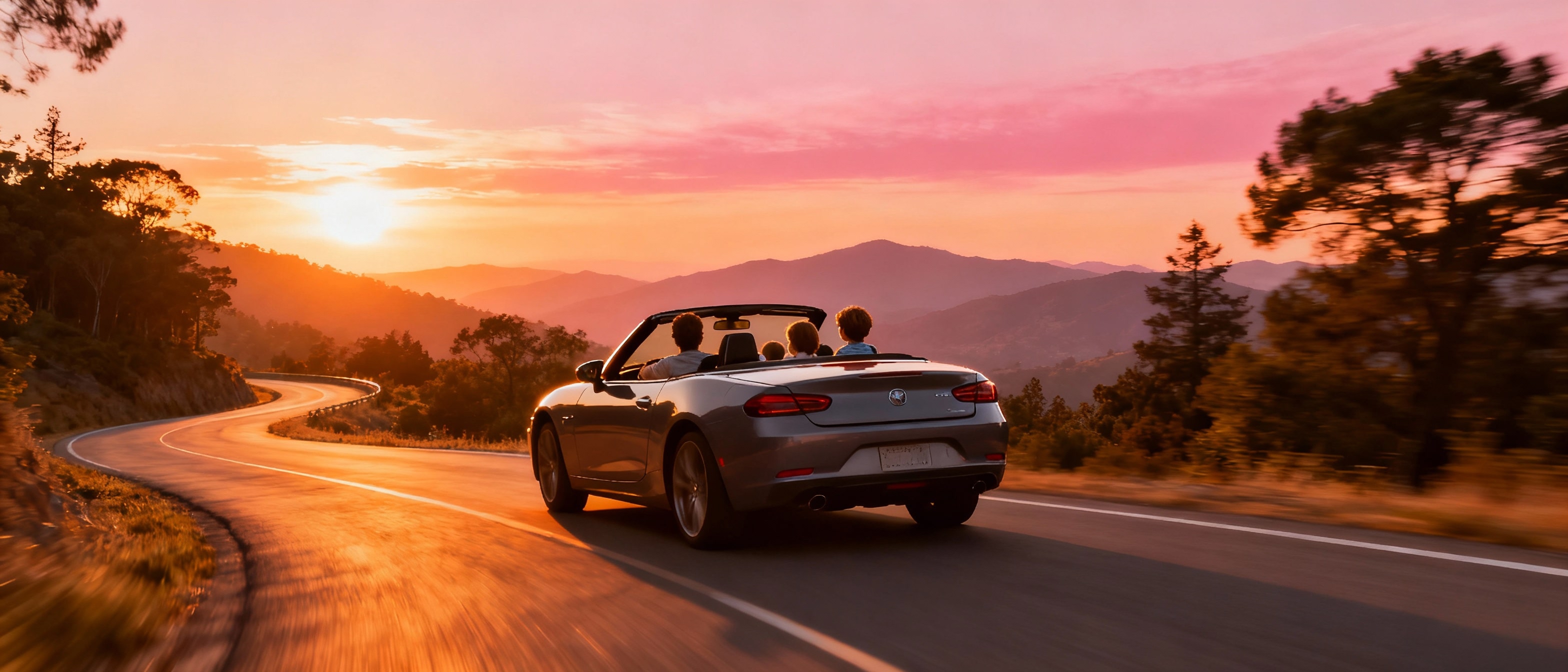 Placeholder text of a car driving on a scenic road at sunset, symbolizing freedom and protection.